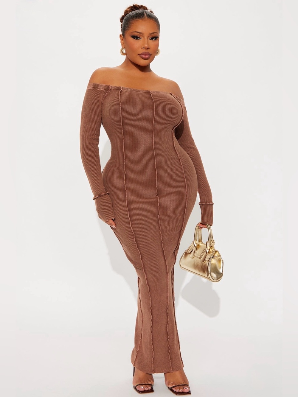 Fashion Nova , Brown Ribbed Knit Off The Shoulder Maxi Dress, women’s  2XL